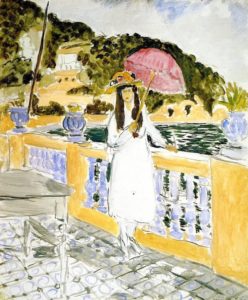 Sur la terrasse, jeune fille à l’ombrelle rose par Matisse