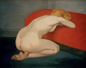 Femme nue agenouillée devant un canapé rouge par Vallotton