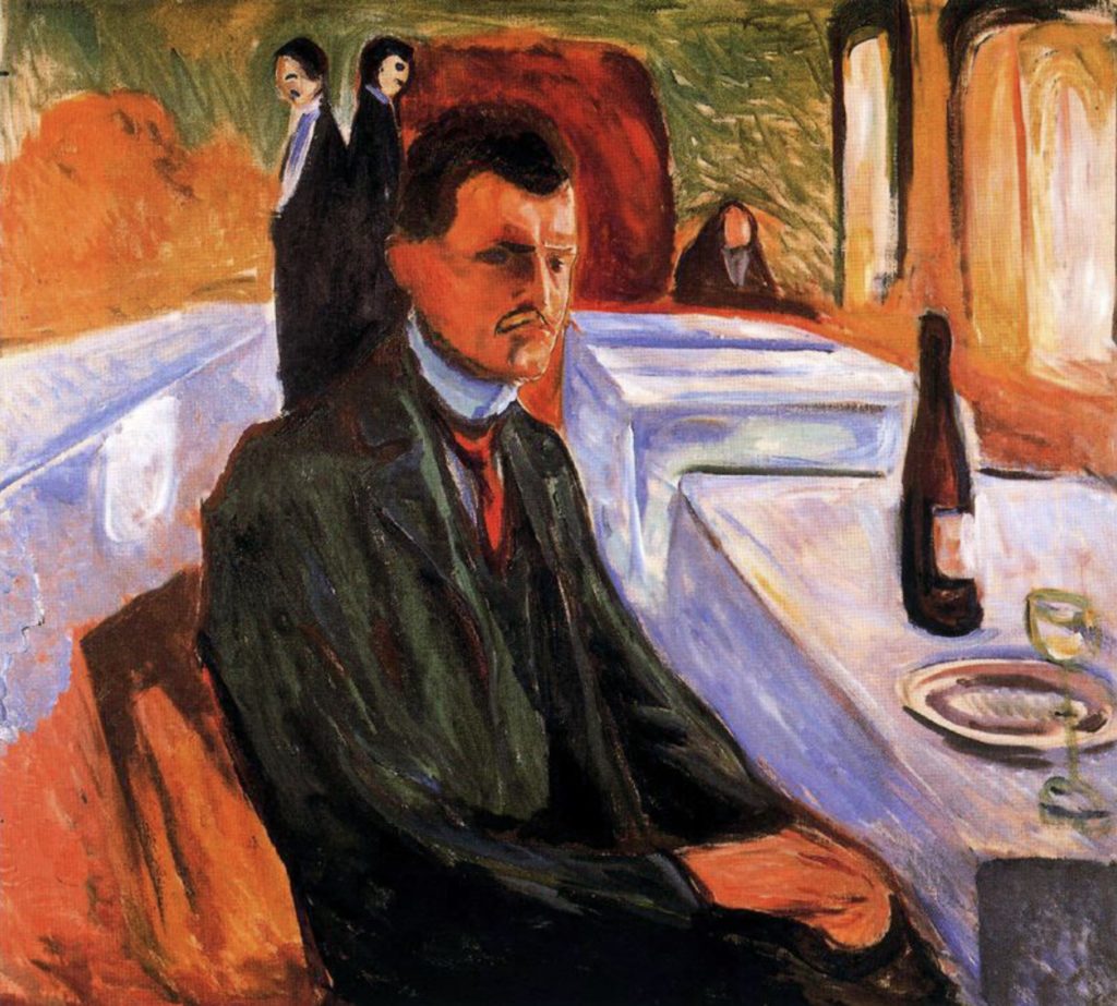 Autoportrait avec une bouteille de vin par Edvard Munch