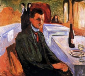 Autoportrait avec une bouteille de vin par Edvard Munch