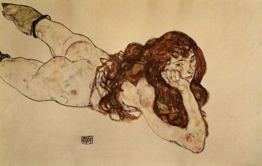 Femme allongée à plat ventre par Egon Schiele