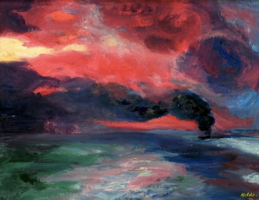 La mer avec un coucher de soleil rouge par Emil Nolde
