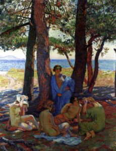 Baigneurs au bord de la mer sous les pins par Théo van Rysselberghe