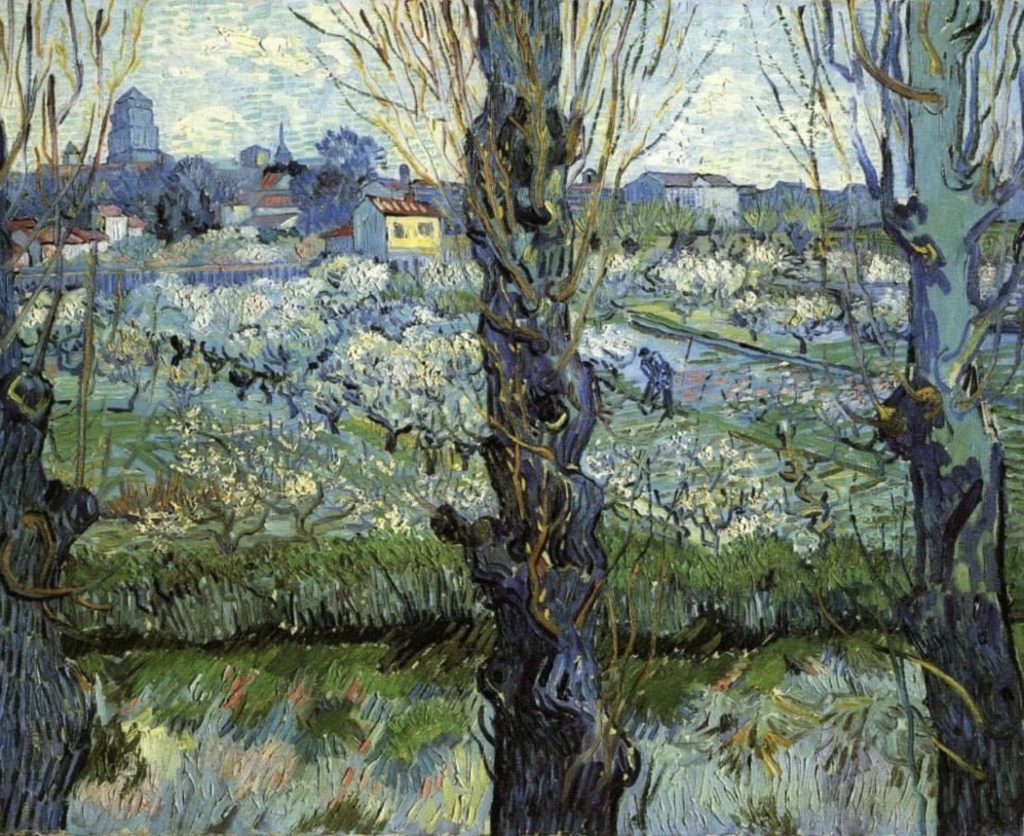 Verger en fleur avec vue sur Arles par Vincent van Gogh