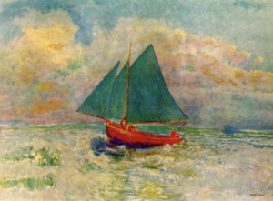 Bateau rouge avec des voiles bleues par Odilon Redon