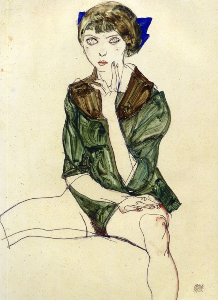 Femme à demi-nue en chemise verte par Egon Schiele