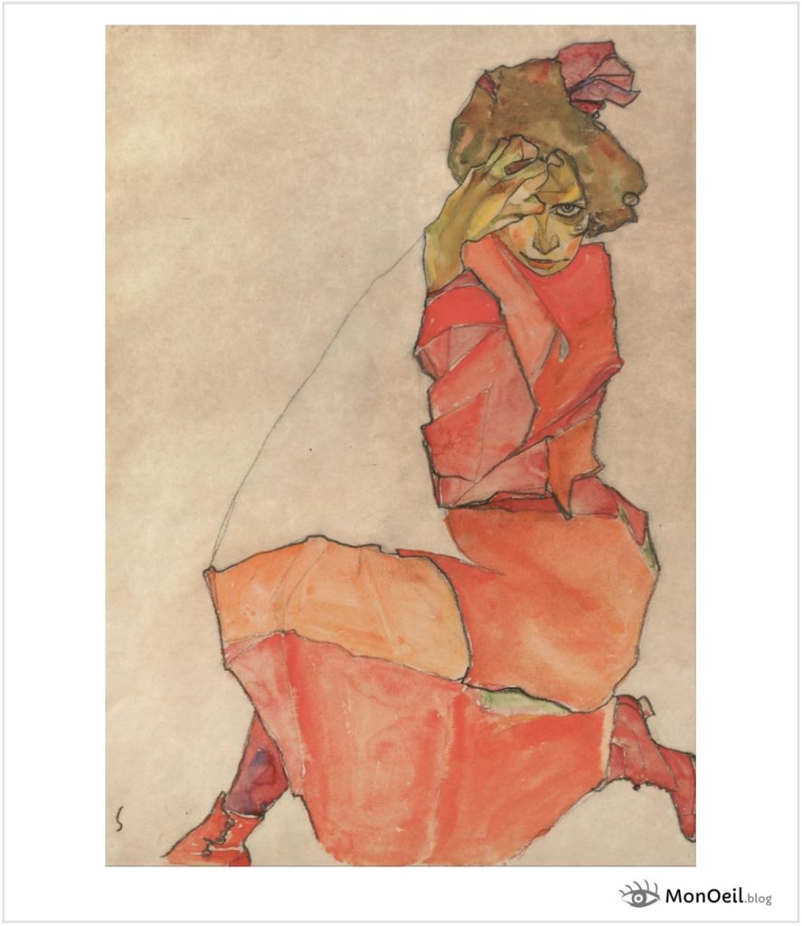 Femme agenouillée à la robe orange par Egon Schiele