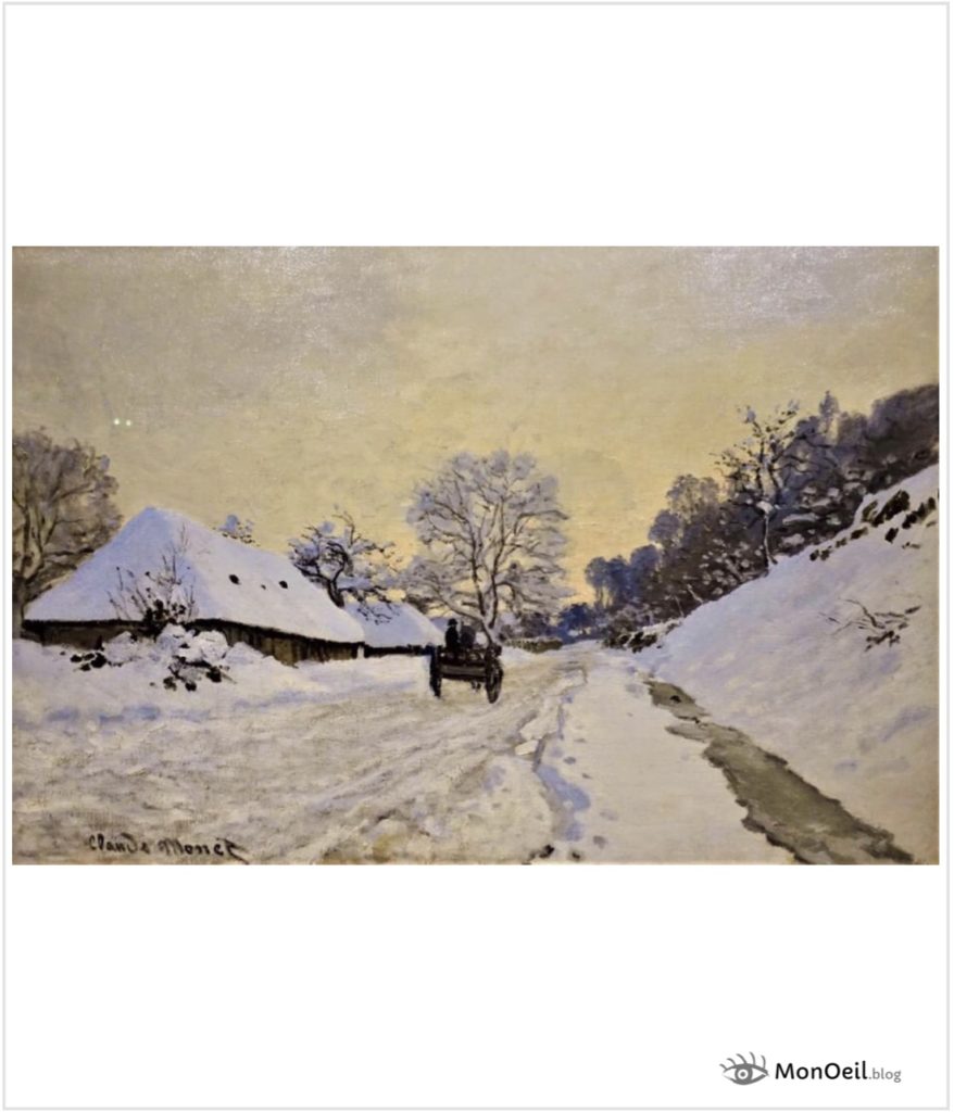 Charrette sur la route enneigée à Honfleur de Claude Monet