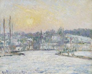 Vue de Bazincourt sous la neige au coucher de soleil par Camille Pissarro