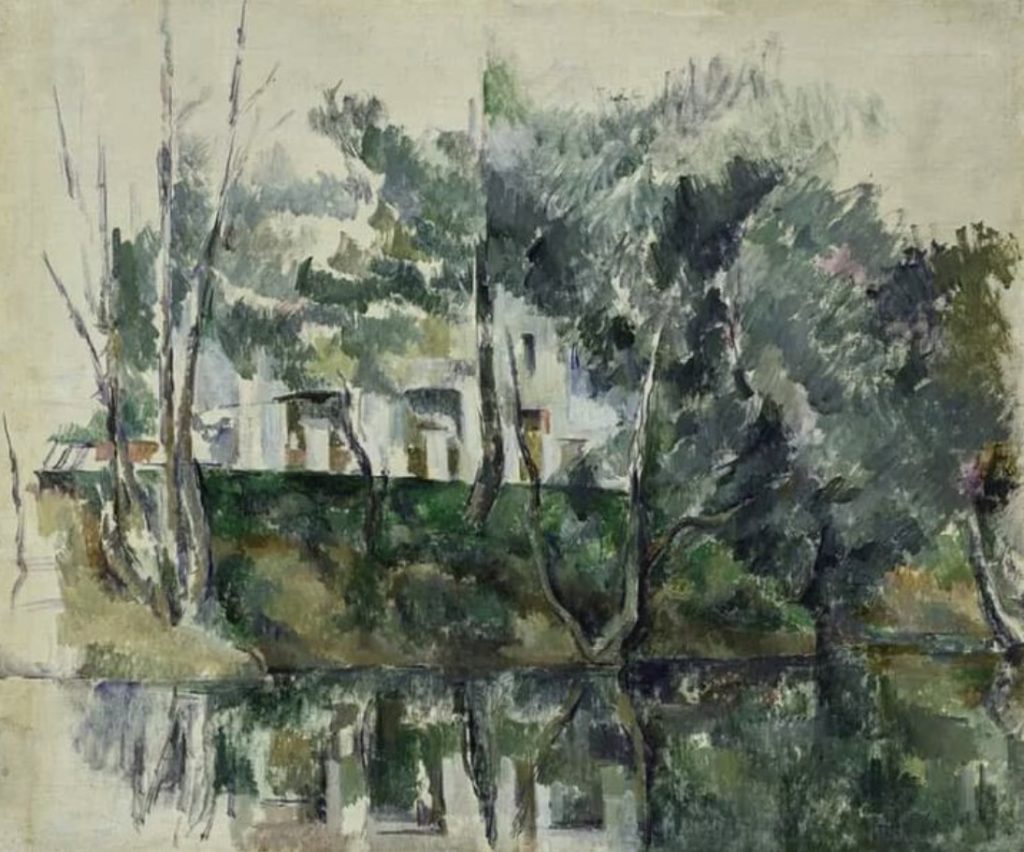 Arbres et maisons au bord de l’eau par Paul Cézanne