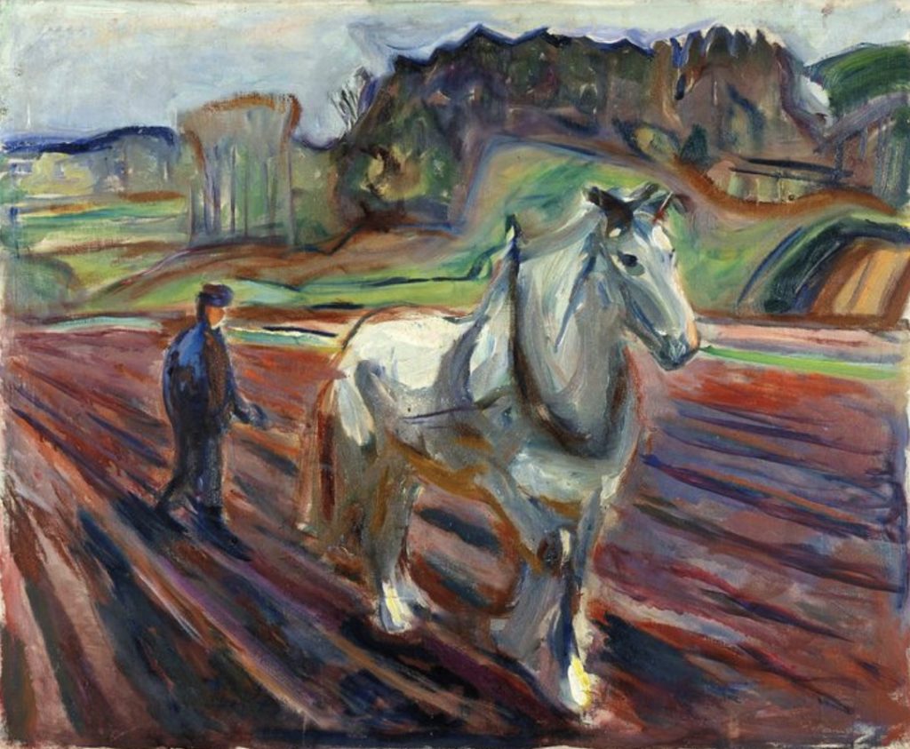 Homme labourant avec un cheval blanc par Edvard Munch