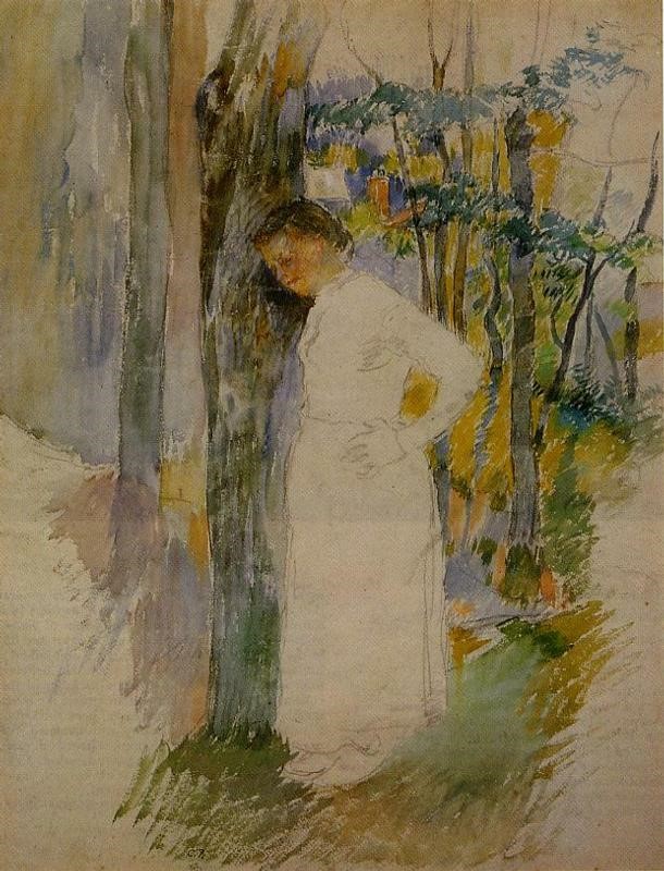 Paysanne debout à côté d’un arbre par Camille Pissarro