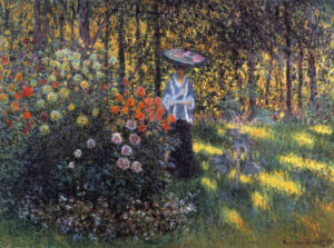 Femme avec un parasol dans le jardin à Argenteuil de Monet
