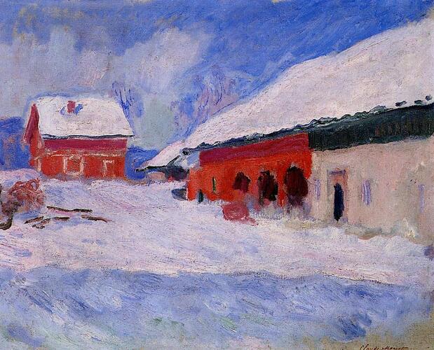 Maisons rouges à Bjornegaard sous la neige, Norvège par Claude Monet