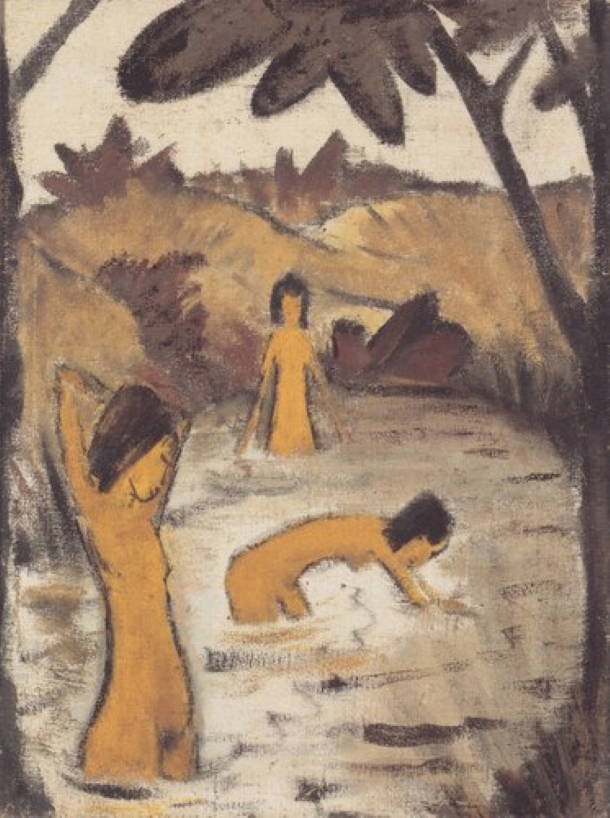 Trois baigneuses dans l'étang par Otto Mueller