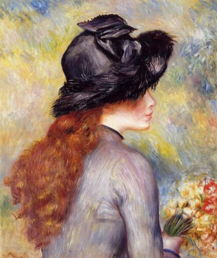 Jeune fille tenant un bouquet de tulipes de Renoir