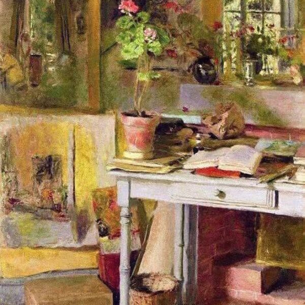 À Clayes, Géranium sur une table bleue devant la fenêtre d'Edouard Vuillard