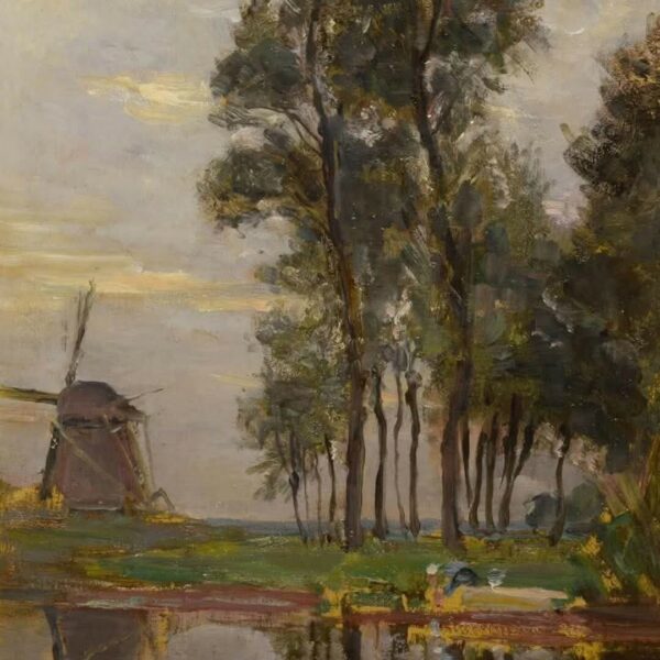 Moulin à vent près de grands arbres avec une femme au lavoir de Mondrian