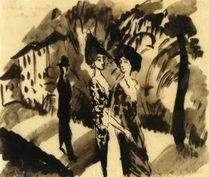 Deux femmes et un homme sur une avenue d'August Macke
