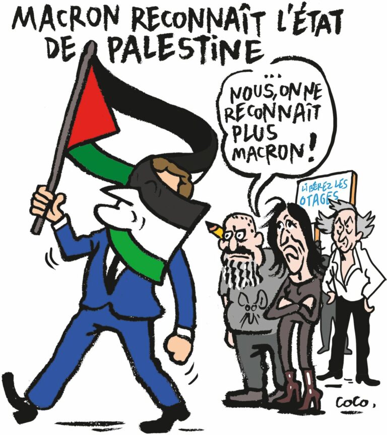 Macron reconnaît l'État de Palestine, dessin de Coco