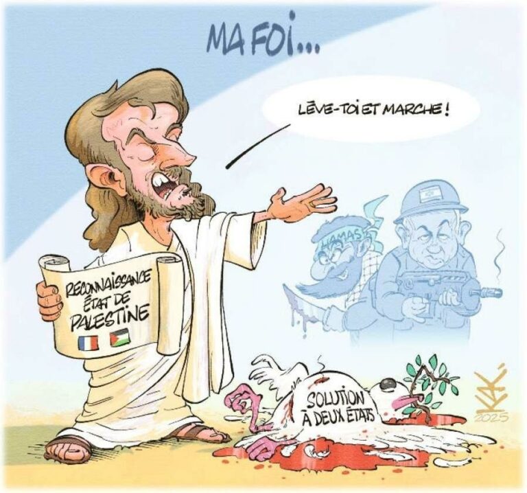 Macron reconnaît l'État de Palestine, dessin de Kak
