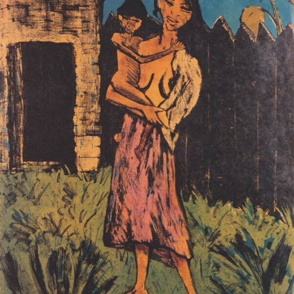 Femme gitane debout avec un enfant dans ses bras par Otto Mueller