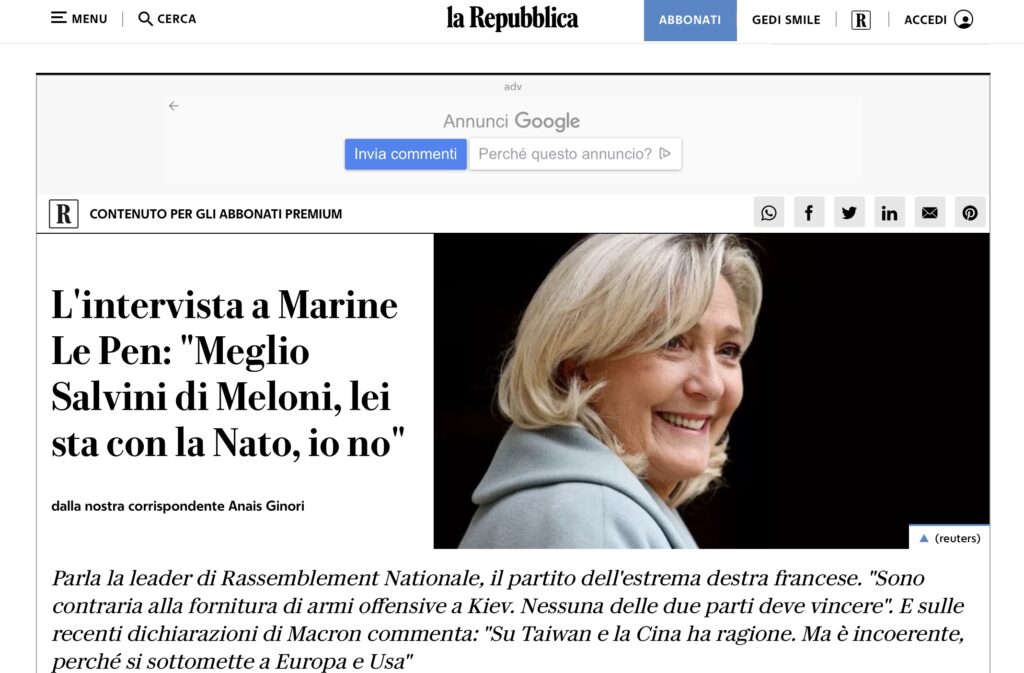 Article La Repubblica consacré à Le Pen