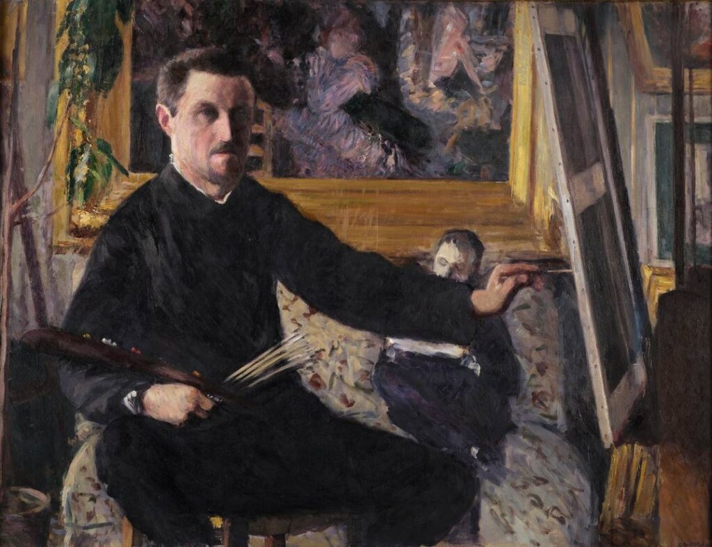Autoportrait au chevalet (1879) - il se peint devant le «Bal du moulin de la Galette» de Renoir, par Caillebotte