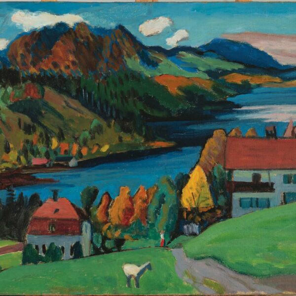 An Expressionist oil painting depicting a large lake nestled into a mountainous landscape. There is a forest of trees with red, yellow, and orange leaves. On the far shore of the lake are houses and other buildings. In the foreground, a single sheep is grazing in front of two houses.