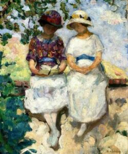 Vézillon, deux jeunes filles assises sur un mur par Henri Lebasque