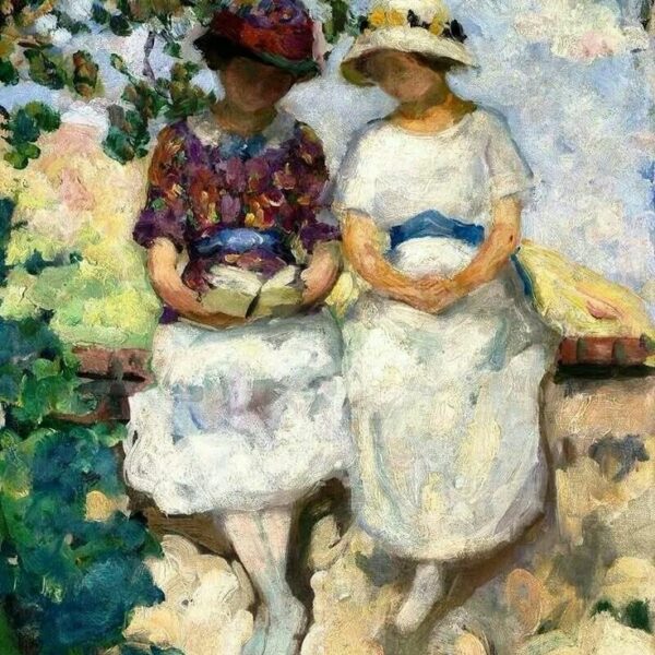 Vézillon, deux jeunes filles assises sur un mur par Henri Lebasque